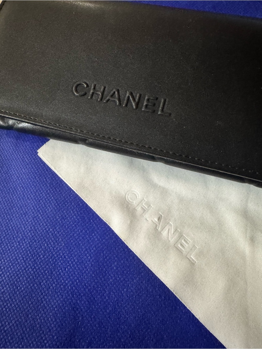 CHANEL 💯% Authentic Black Sunglasses Case with cloth set. Iconic Embossed logo.